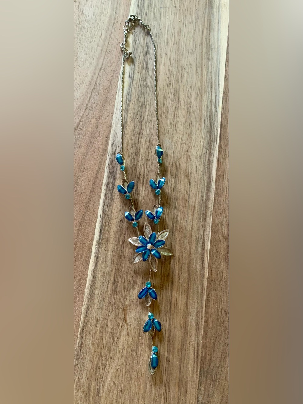 Vintage Silver Tone Blue Rhinestone Flower Y-Drop Necklace Accent Statement